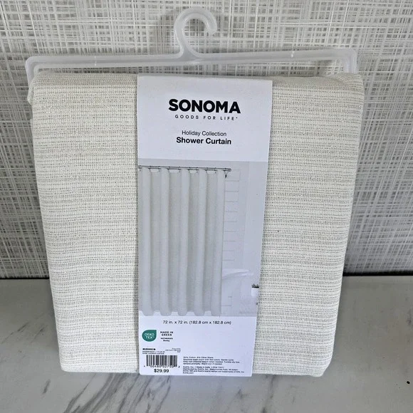 Sonoma Fabric‎ Shower Curtain 72x72 Holiday Ivory Gold Thread Cotton Blend Bxk