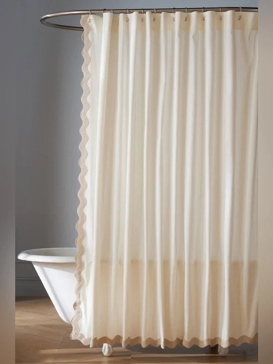 Anthropologie Embroidered Scalloped Trim Cotton Shower Curtain Taupe White