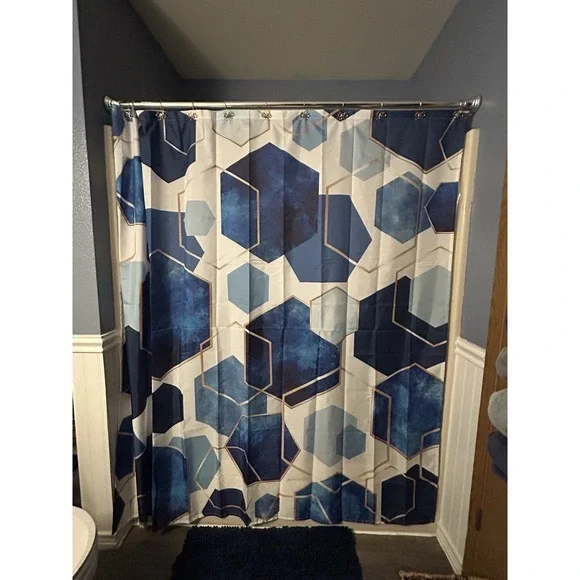 Abstract Blue & Gold Shower Curtain With Bow Golf Hooks Waterproof Bathroom Set