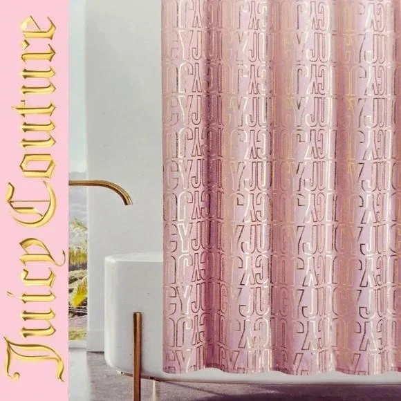 Juicy Couture Metallic Bold Logo Shower Curtain Home 70x72 Pink Gold Hooks NEW‎