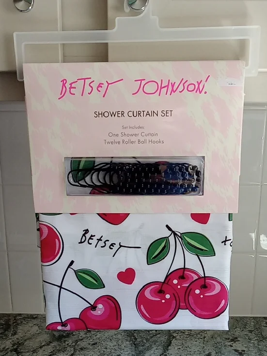 Betsey Johnson Pink Cherry Shower Curtain Set with Green Leaves
