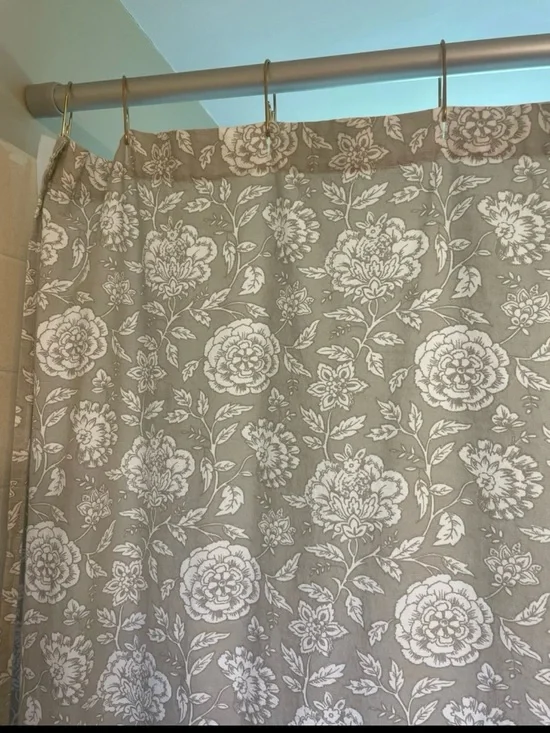 Taupe Floral Shower Curtain with White Print - Neutral Bathroom Accent