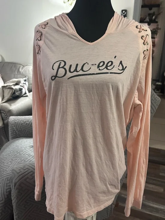 Buc-ees hoodie Top Women's Long Sleeve Shirt Hood soft pink XL 59