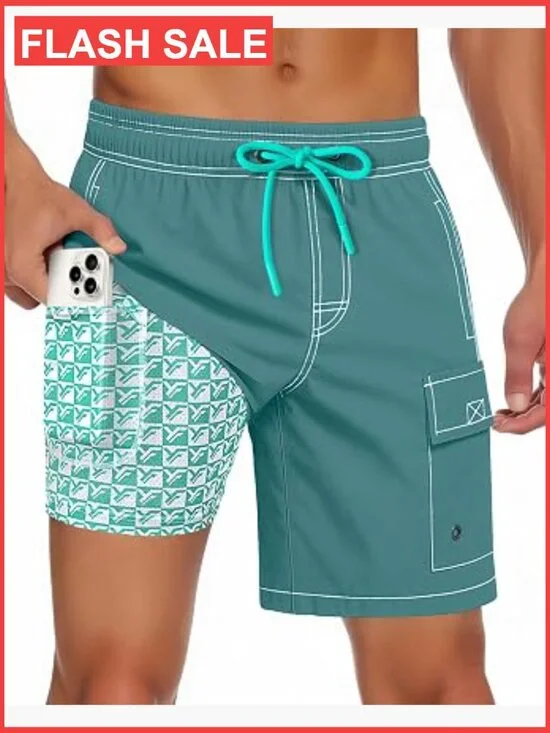 Men Swim Trunks with Compression Liner Quick Dry Multi Pockets