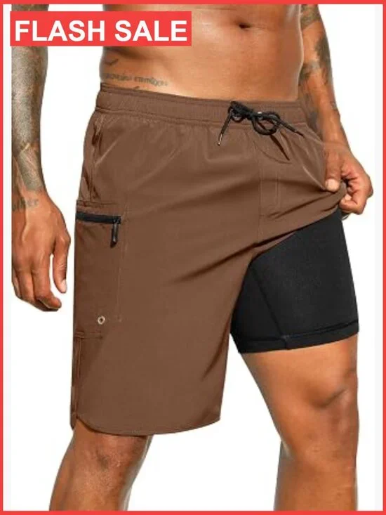 Mens Swim Trunks with Compression Liner 9-Inch Quick Dry Pockets