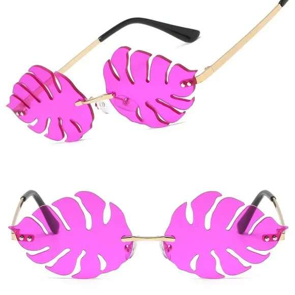 Rimless Leaf Shape Unique Funky Party Rave Festival Costume Purple Sunglasses