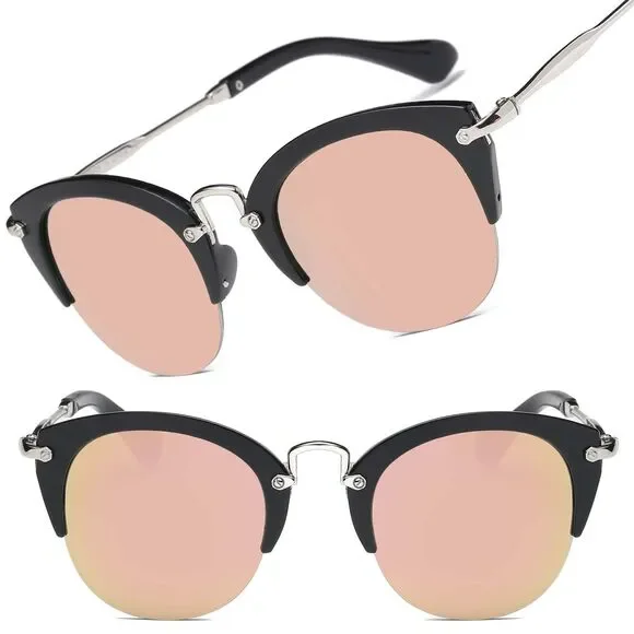Retro Classic Half Frame Womens Mirrored Lens Cat Eye Sunglasses