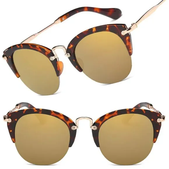 Retro Classic Half Frame Womens Tortoise Mirrored Lens Cat Eye Sunglasses