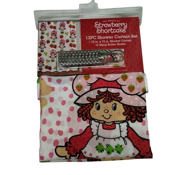 Strawberry Shortcake 13PC Shower Curtain Set 72x72‎ w/ 12 Metal Roller Hooks NEW