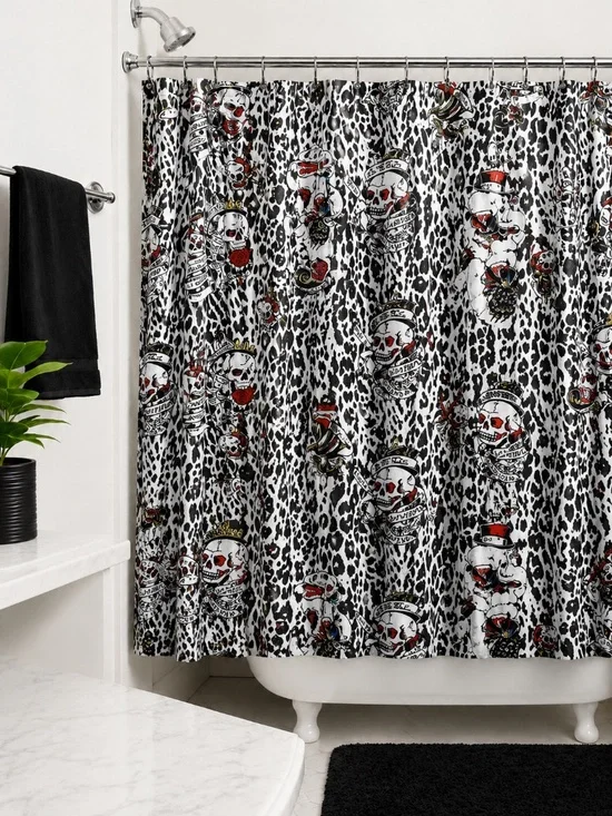 New Ed Hardy Skull Leopard Shower Curtain Set 72x72 w/ PEVA Liner & 12 Hooks