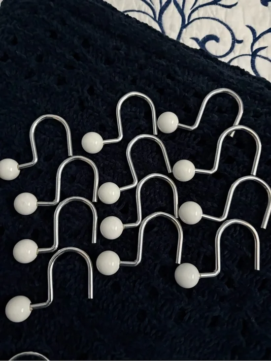 Set of 12 White Beaded Shower Curtain Hooks - Silver Metal