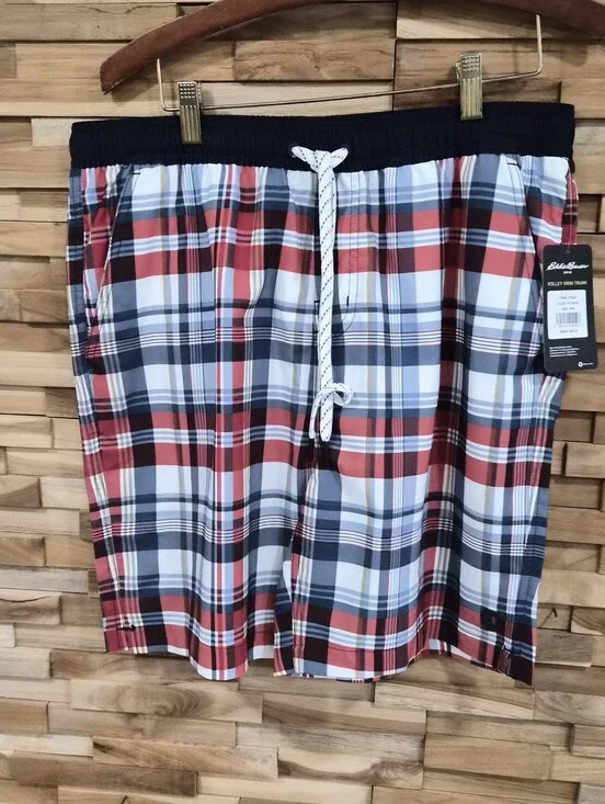 Eddie Bauer Navy, Red & White Plaid Swim Trunks - Size M - New With Tags