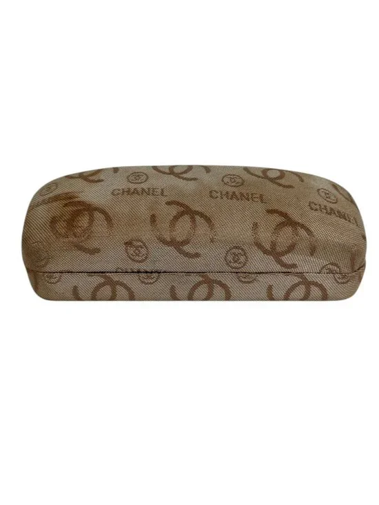 CHANEL CC Monogram Logo Tan Fabric Clamshell Eyeglass Sunglass Case