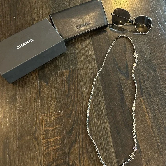 CHANEL Black Sunglasses with Silver Chain Necklace