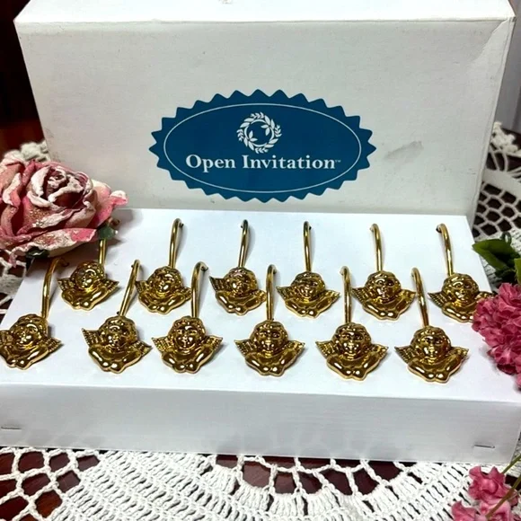 Vintage Shower Curtain Rings Victorian Cherub Angel Gold Brass Hook Set of 12