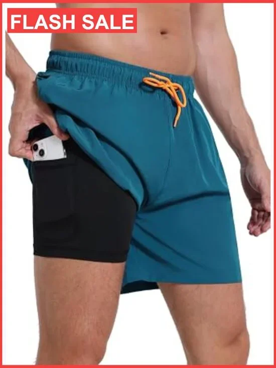 Mens Swim Trunks with Compression Liner Quick Dry Zipper Pockets