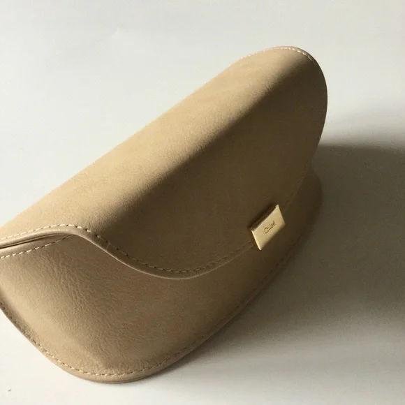 CHLOE SUEDE SUNGLASSES CASE IN BEIGE WITH GOLD 6.5” x 3” x 2.75”