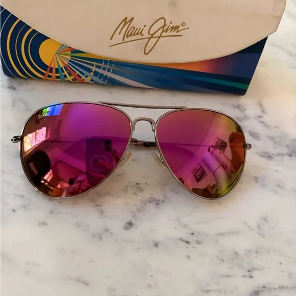 Maui Jim Aviator Sunglasses with Pink-Purple Mirrored Lenses and Silver Frame