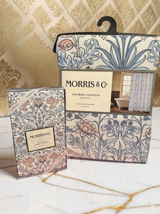 William Morris & Co. NWT Hyacinth Blue & Cream Shower Curtain & Guest Napkins