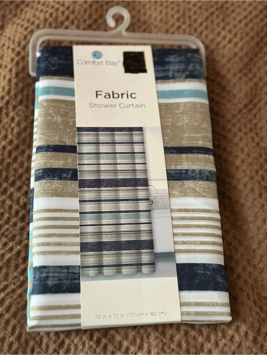 Comfort Bay Striped Fabric Shower Curtain in Navy, Tan & White