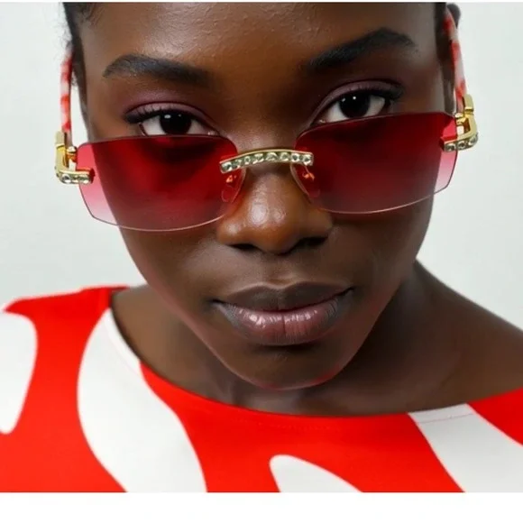 Women Rimless Sunglasses Red Lens‎ Fashion Shades Diamond Lady Female Lentes New
