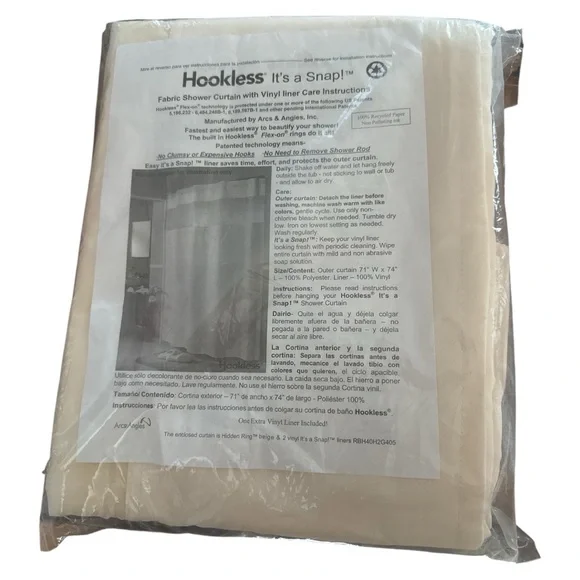 Hookless‎ Its A Snap Fabric Shower Curtain 2 Vinyl Liners Beige New