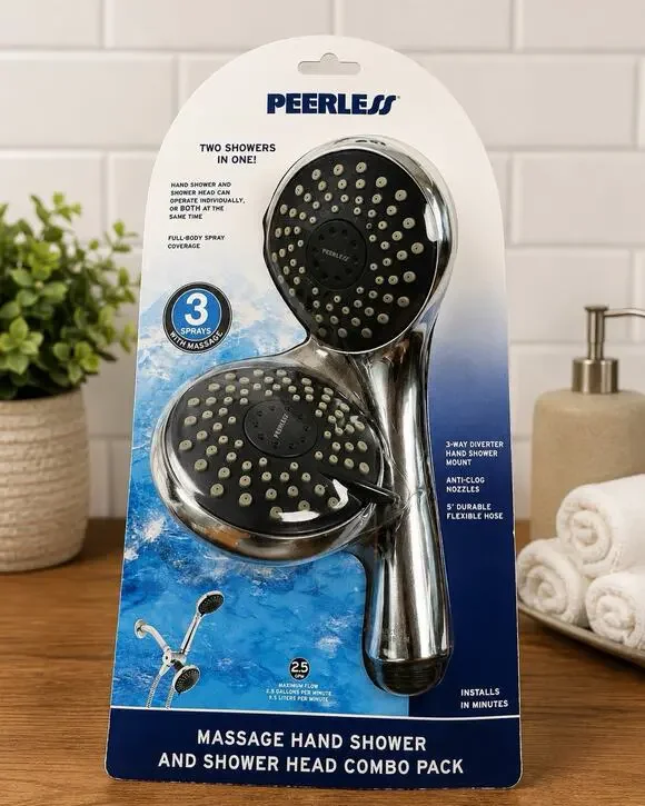 Peerless Massage Hand Shower & Shower Head Combo Pack Chrome 3 Spray NIP