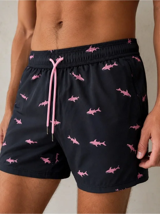 SURFCUZ Shark Print Swim Trunks S Quick Dry Compression Zip Pockets