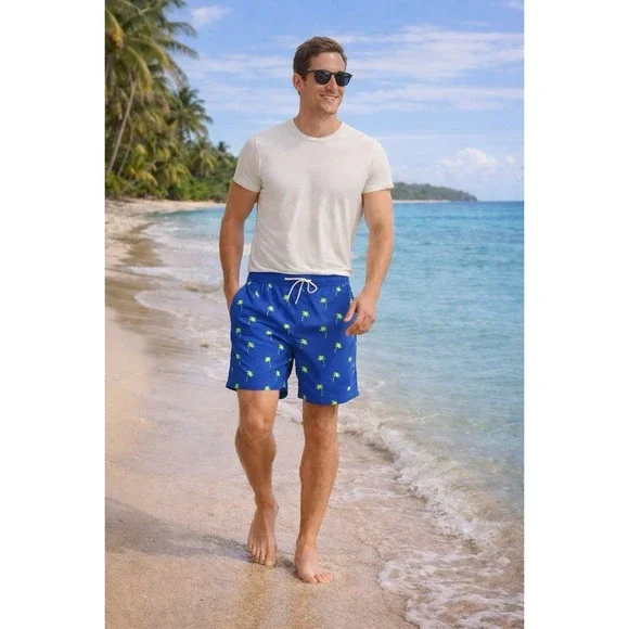 Men Swim Trunks M Blue Palm Print Mesh‎ Lined Drawstring Beach Resort