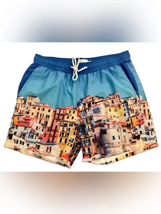TOPMAN Unique CINQUE TERRE Italy Print SWIM TRUNKS Size Small