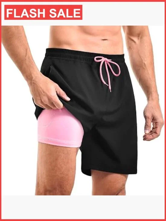 Men's 2 in 1 Swim Trunks with Compression Liner Quick Dry Board Shorts