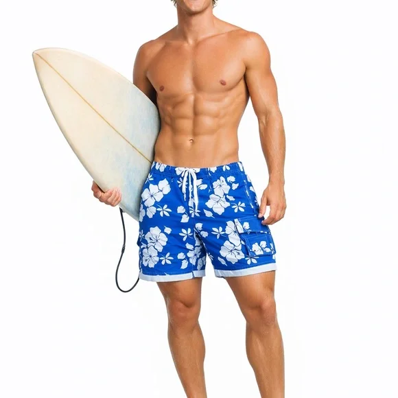 Blue & White Hawaii Tropical Island Hibiscus Flower Vacation‎ Mens Swim Trunks