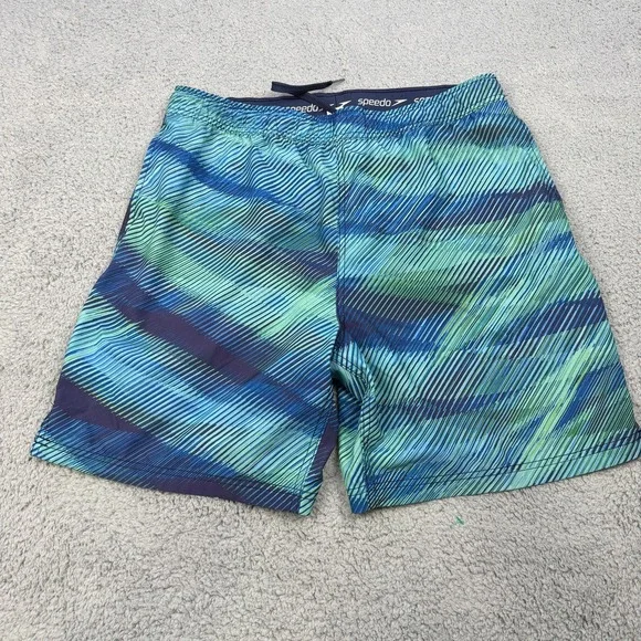 Speedo Swim Trunks Mens Large Blue Green Volley Shorts Zip‎ Pocket Drawstring