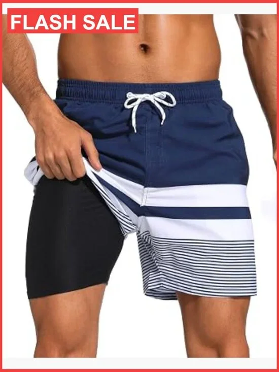 Mens Swim Trunks with Compression Liner 2 in 1 Quick Dry Beach Shorts Zip