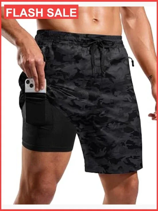 Mens Swim Trunks with Compression Liner Quick Dry Board Shorts Zip Pockets