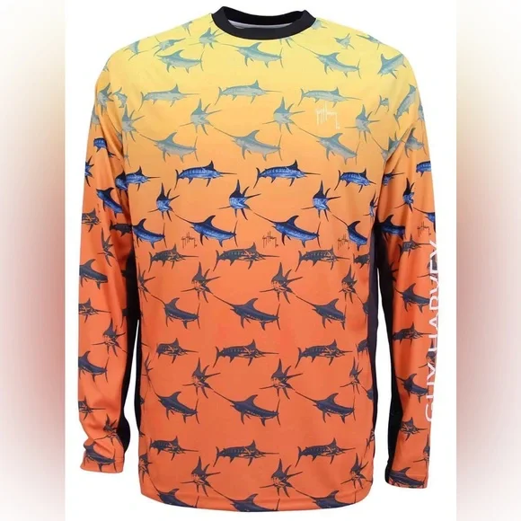 Guy Harvey Marlin Bimini Blast Orange Blue Long Sleeve Rash Guard Shirt Size S