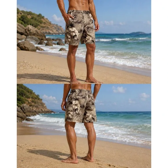 Sand & Sun‎ Men's Hawaiian Floral Cargo Swim Trunks Beige Large Beach Sz Large