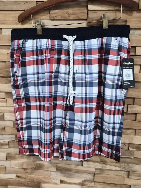Eddie Bauer Red, Navy & White Plaid Swim Trunks - Size M - New With Tags