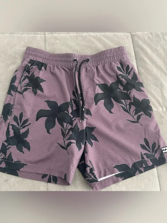 Billabong Men's Lavender Swim Shorts with Black Floral Print