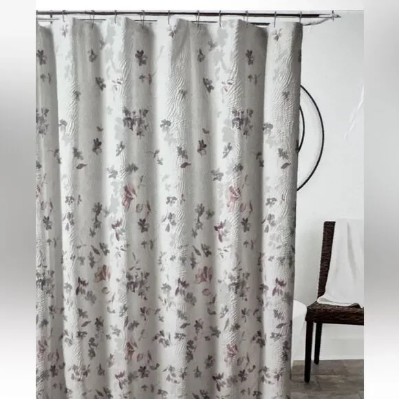 DKNY “Jasper” White Textured Fabric Shower Curtain w/Multicolor Floral Designs