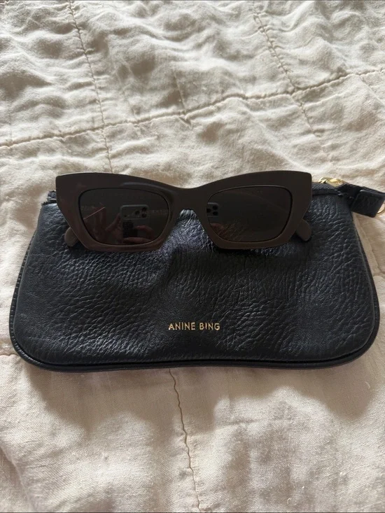 Anine Bing Black Cat-Eye Sunglasses with Black Leather Pouch