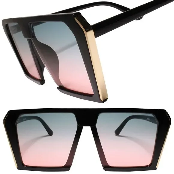 Luxury Oversized Designer Stylish Gold Accent Green/Pink Lens Square Sunglasses
