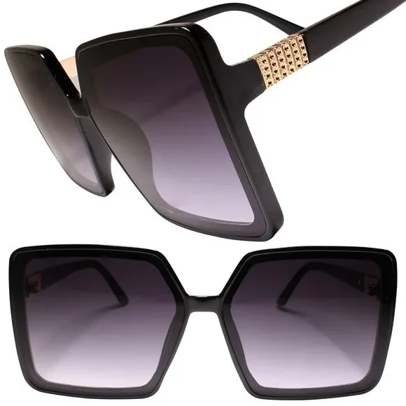 Womens Fashion Oversized Square Sunglasses - Black, Bold, Stylish and UV
