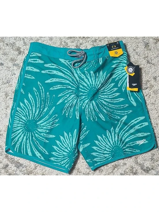 NWT Speedo Men's Medium Teal Swim Trunks with Firework Pattern, UPF 50+