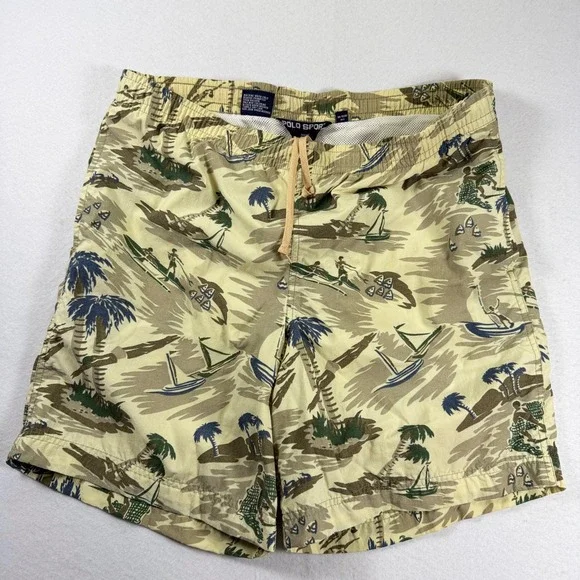 Vintage Polo Sport Ralph Lauren Swim Trunks Tan AOP Medium Fits Large Y2K Mens
