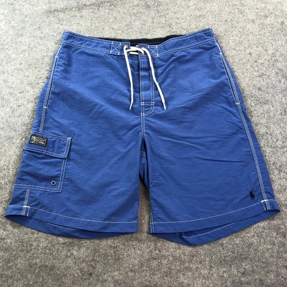 Polo Ralph Lauren Men Swim Trunks L Blue Cargo Pocket Drawstring Contrast Stitch