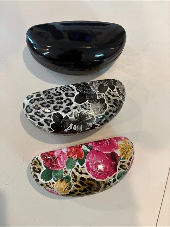 Set of 3 Hard Shell Eyeglass Cases - Black, Floral Leopard, Pink Floral Leopard