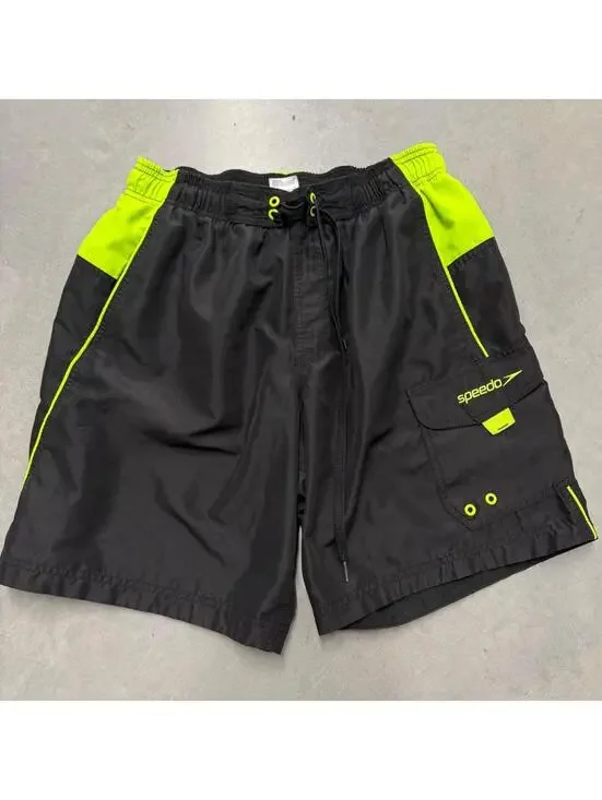Y2K Men's Speedo Branded Swim Shorts Black and Neon Sized Small