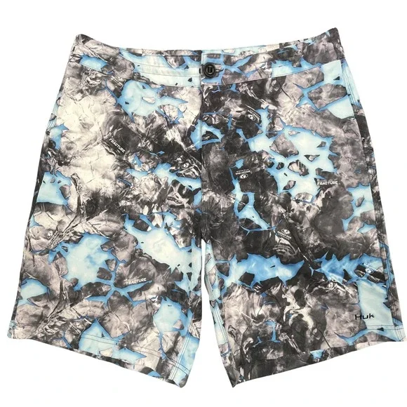 Huk Performance Fishing Board Shorts Mens 36 Mossy Oak Fracture Camo Blue Gray