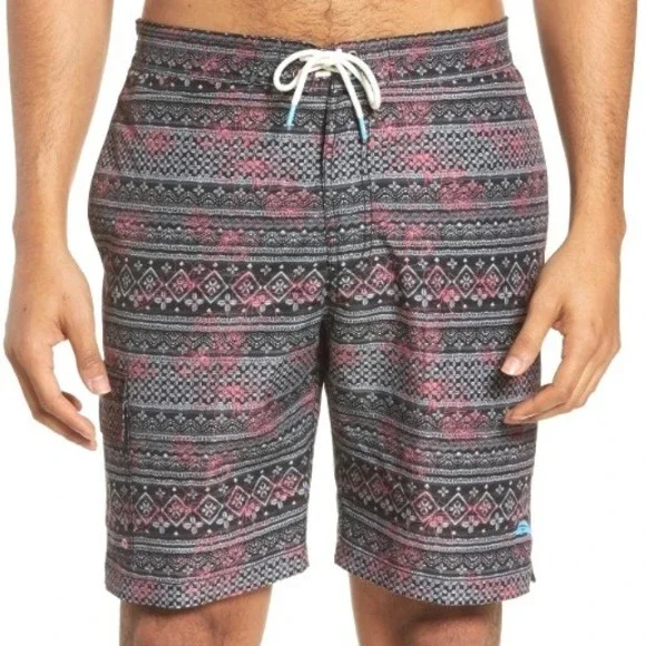 TOMMY BAHAMA Men's Large Brown Pink White Boho Baja‎ Bora Bora Batik Swim Shorts